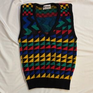 VTG V Neck Sweater Vest Funky Colorful Geometric Print Sleeveless Knit Layering